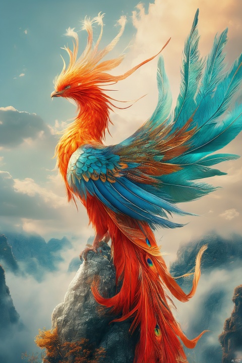Sacred Phoenix, wings, colorful feathers, auspicious clouds, standing on a stone, realistic, exquisite eyes, spread wings, positive view, facing the  viewer,background Dingdaer light