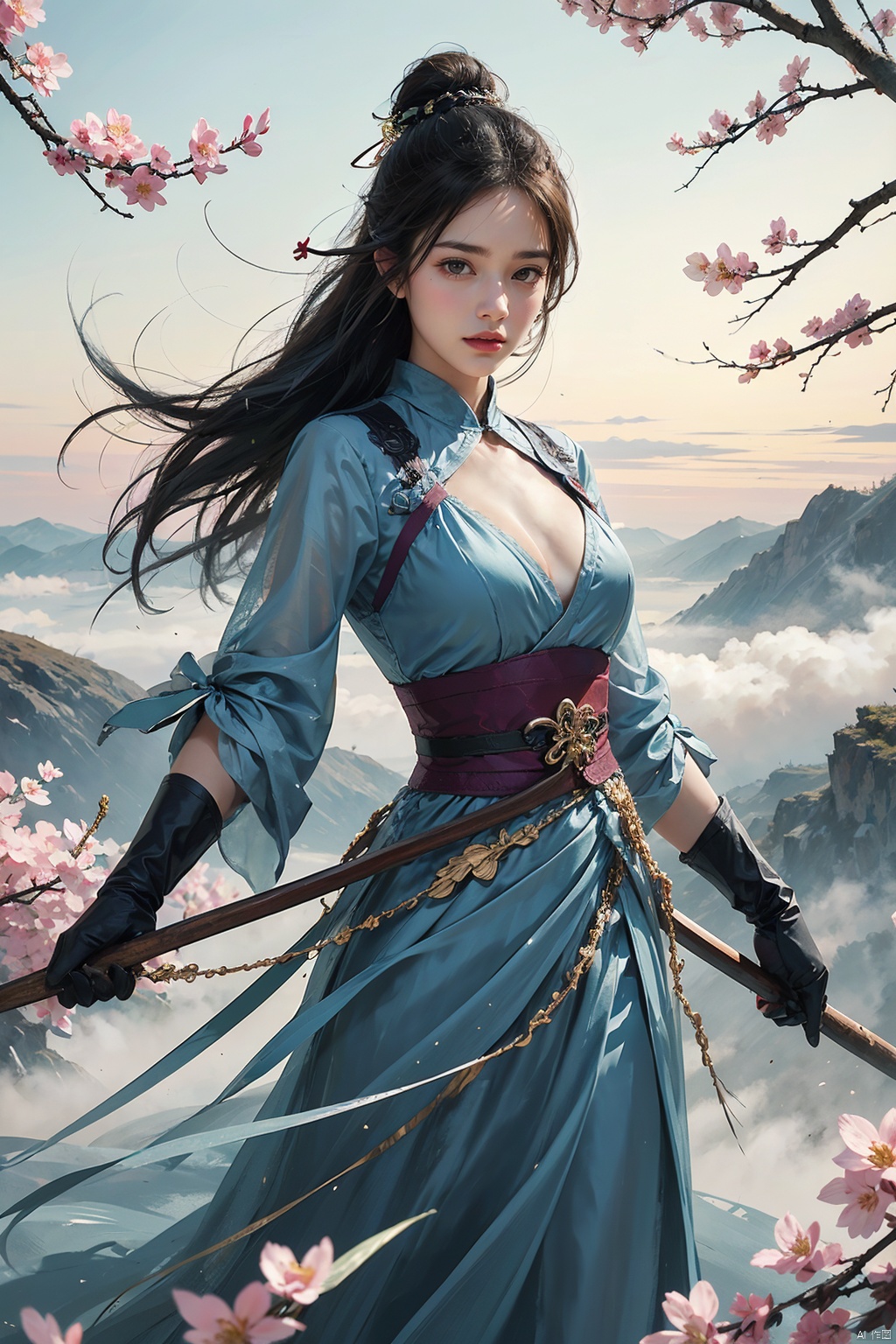  1girl,big breasts,1girl, solo, gloves, dress, long hair, elbow gloves, blue dress, looking at viewer,  poised with a golden bow, arrows fletched with phoenix feathers, fierce determination etched on her face, standing at the edge of a cliff overlooking a vast valley, a distant mountain range shrouded in mist, a solitary cherry blossom tree in bloom beside her, symbolizing beauty amidst chaos, inspired by Ming dynasty paintings with soft brush strokes and vibrant colors, evoking a sense of mythical heroism and strength,
