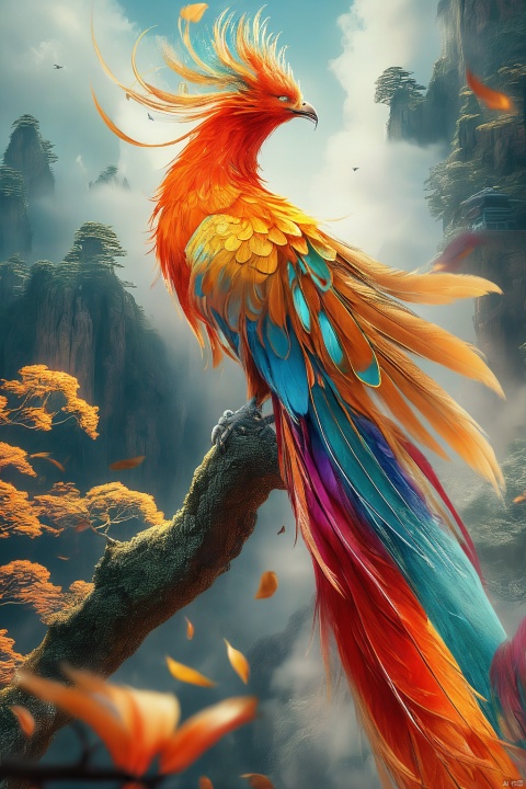 Mythical beast phoenix, wings, colorful feathers, auspicious clouds, standing on the plane tree, realistic, delicate eyes,(( open wings)), positive view, ((facing the audience)), background Dingdaer light, movie special effects light
