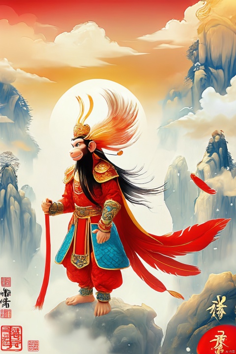 The Monkey King wears a golden hoop on his head, (((two feathers on a red ball of hair on his head))), golden eyes, ((a long golden stick in his hand)), colorful clouds at his feet, golden armor and a long red cloak on his shoulders