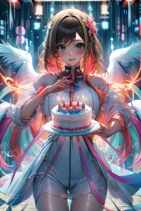 a girl blowing candles,(A large cake:1.2), birthday candles, multiple layers, illustrated style,pink flowers,wings,
(Colorful bubbles float:1.2), ((Dingdall light effect)),