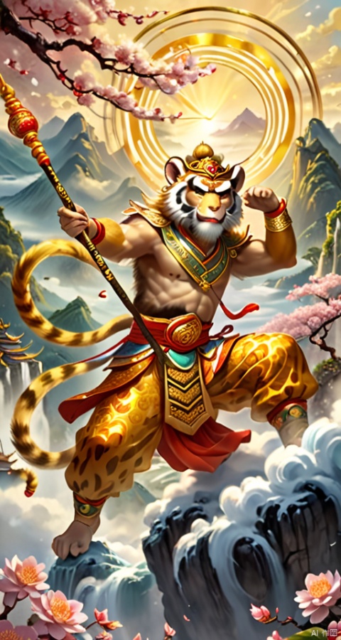  The Monkey King is dressed in a tiger skin skirt,wearing a tight hoop spell that shines with golden light on his head. He tightly holds the golden hoop stick in his hand and floats freely in the air. Behind him is a fairyland of Flower and Fruit Mountain, shrouded in a sea of clouds.