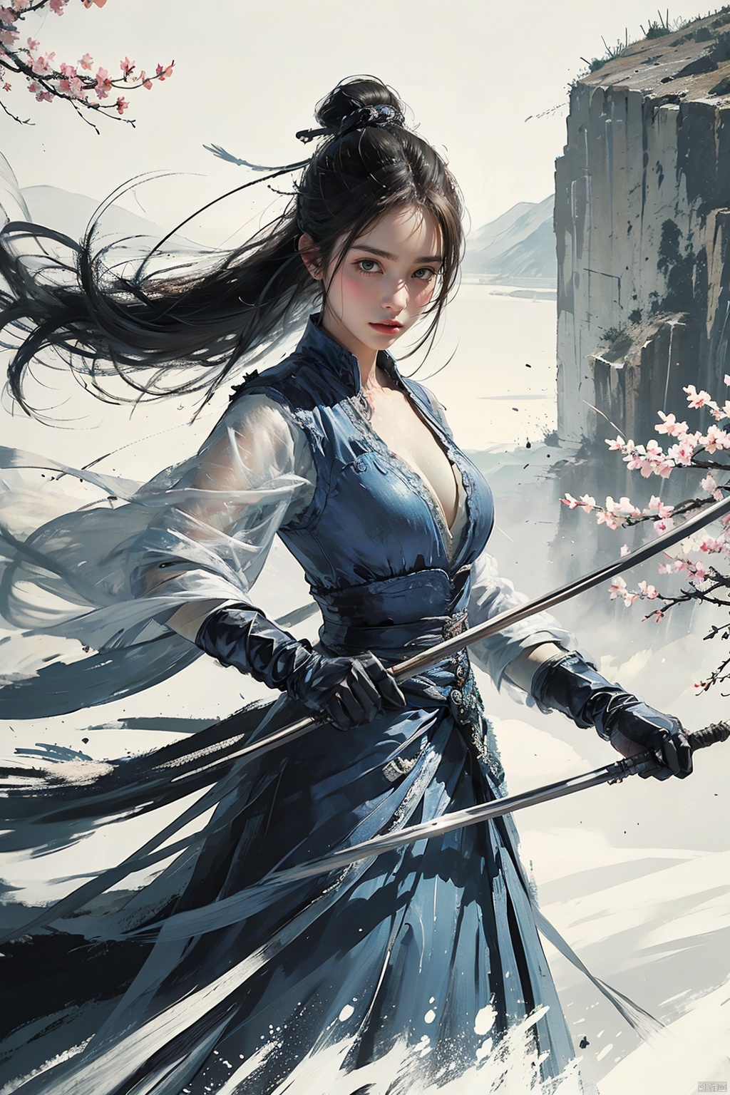  1girl,big breasts,1girl, solo, gloves, dress, long hair, elbow gloves, blue dress, looking at viewer,  poised with a golden bow, arrows fletched with phoenix feathers, fierce determination etched on her face, standing at the edge of a cliff overlooking a vast valley, a distant mountain range shrouded in mist, a solitary cherry blossom tree in bloom beside her, symbolizing beauty amidst chaos, inspired by Ming dynasty paintings with soft brush strokes and vibrant colors, evoking a sense of mythical heroism and strength,