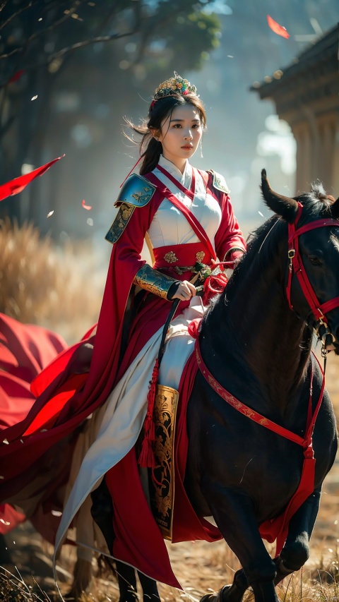 1girl,Wearing a jade crown, shining silver armor, and wearing a lion headband. Treading towards the sky with cow tendon boots; Wearing a crimson cloak on her shoulders, carrying a three foot green blade on her waist, and carrying an iron tire bow on her back, coupled with her tall figure and resolute expression,Facing the camera