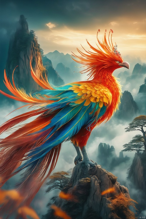 Mythical beast phoenix, ((open wings, ))colorful feathers, standing on the plane tree, realistic, exquisite eyes, ((positive view)),(( facing the audience)), there are mountains in the distance Qiongge, background Dingdaer light, movie special effects light