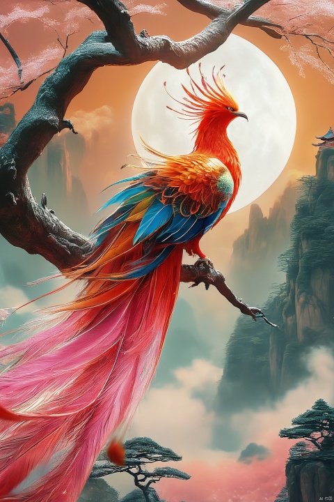 Mythical beast phoenix, ((open wings, ))colorful feathers, standing on the plane tree, realistic, exquisite eyes, ((positive view)),(( facing the audience)), there are mountains in the distance Qiongge, background Dingdaer light, big moon,There are pink petals falling down,movie special effects light