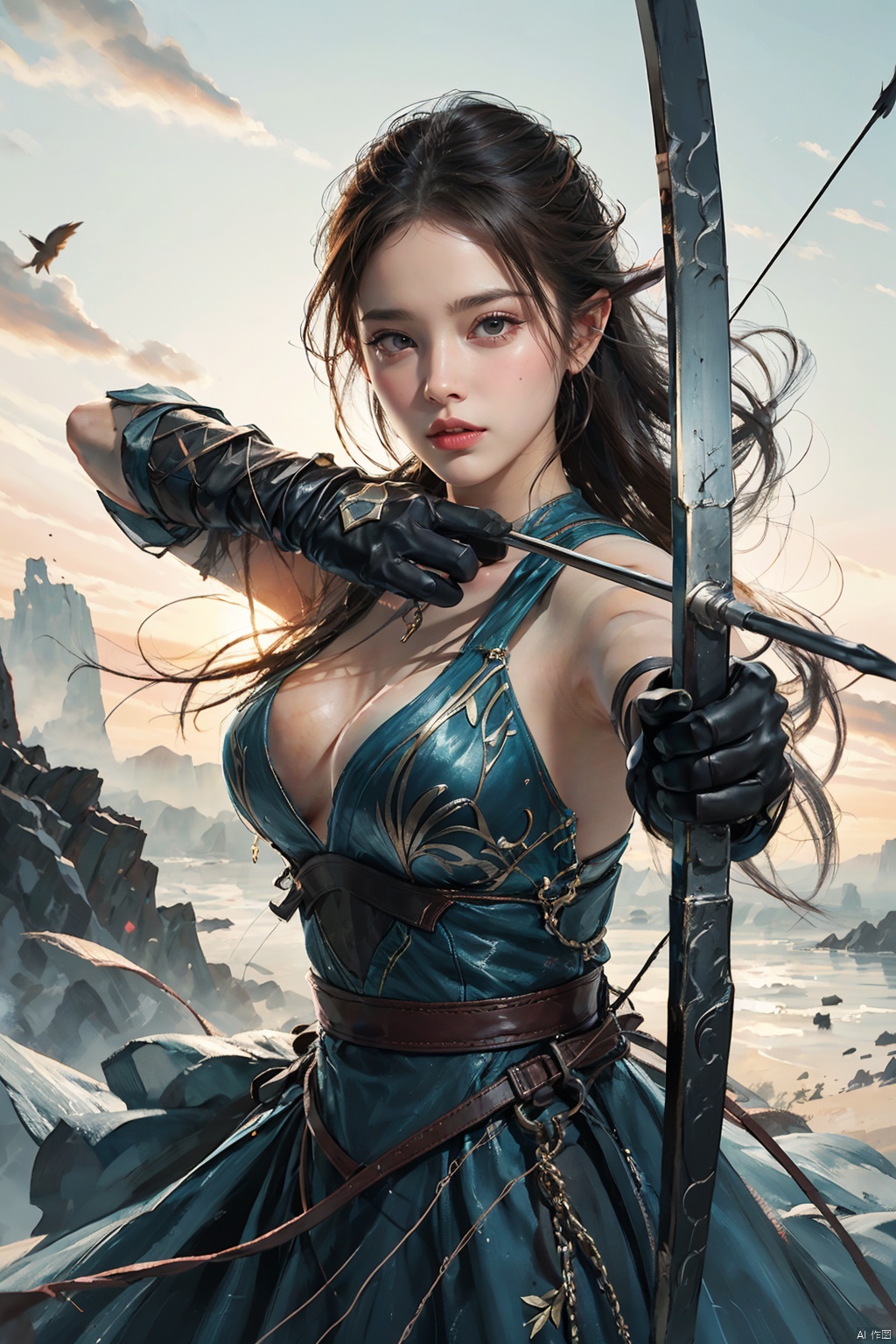  1girl,big breasts,1girl, solo, gloves, dress, long hair, elbow gloves, blue dress, looking at viewer,  on the shoulder of the elven huntress is a magnificent falcon, she wields a finely crafted longbow, its string taut with a creak, arrows poised silently within the quiver, awaiting release, rich colors,Gothic style,movie lighting,God Ray,best quality,Ultra HD,depth of field,bigscenes,