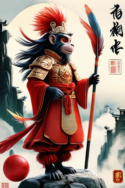 The Monkey King wears a golden hoop on his head, (((two feathers on a red ball of hair on his head))), golden eyes, ((a long golden stick in his hand)), colorful clouds at his feet, golden armor and a long red cloak on his shoulders