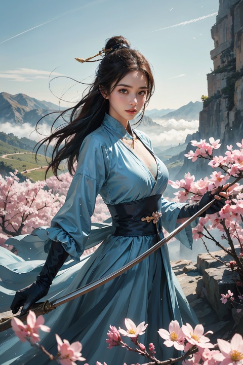  1girl,big breasts,1girl, solo, gloves, dress, long hair, elbow gloves, blue dress, looking at viewer,  poised with a golden bow, arrows fletched with phoenix feathers, fierce determination etched on her face, standing at the edge of a cliff overlooking a vast valley, a distant mountain range shrouded in mist, a solitary cherry blossom tree in bloom beside her, symbolizing beauty amidst chaos, inspired by Ming dynasty paintings with soft brush strokes and vibrant colors, evoking a sense of mythical heroism and strength,