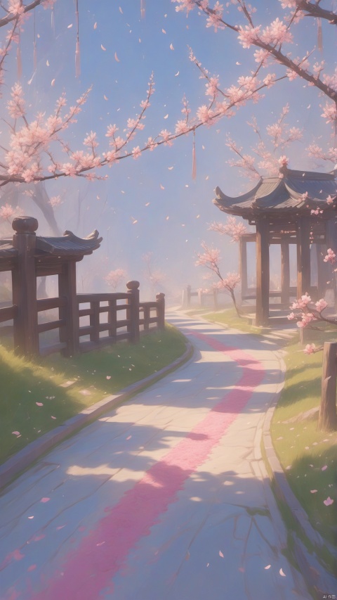 A deserted path, with a plethora of blooming peach blossoms and pink petals falling