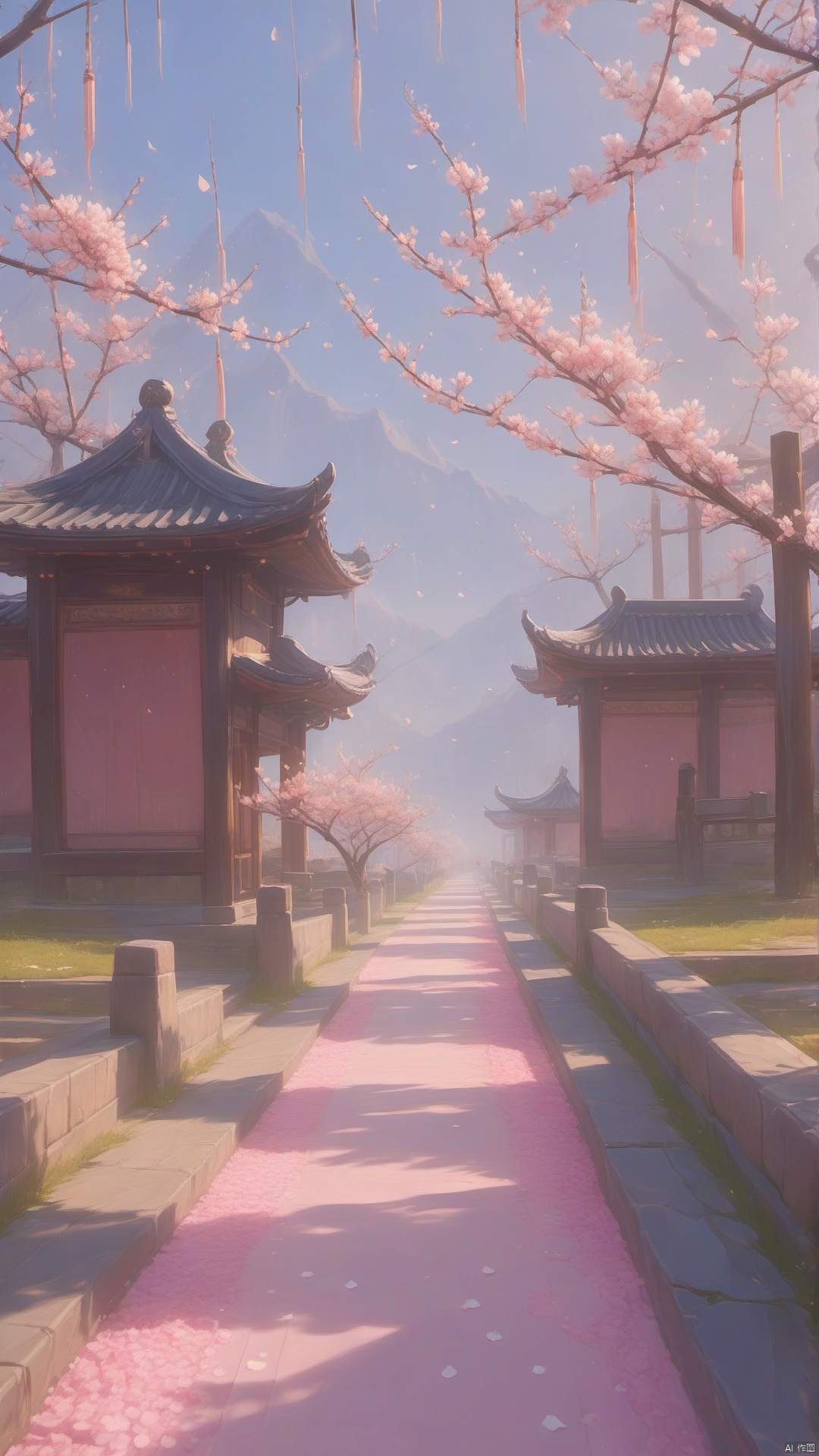  A deserted path, with a plethora of blooming peach blossoms and pink petals on the ground,no humans