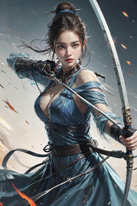  1girl,big breasts,1girl, solo, gloves, dress, long hair, elbow gloves, blue dress, looking at viewer,  on the shoulder of the elven huntress is a magnificent falcon, she wields a finely crafted longbow, its string taut with a creak, arrows poised silently within the quiver, awaiting release, rich colors,Gothic style,movie lighting,God Ray,best quality,Ultra HD,depth of field,bigscenes,