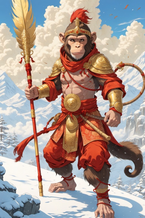 Solo, monkey, Monkey King, head with a gold hoop, ((head with two long feathers)), carrying a long golden stick with a pattern, flying, weapons, hood, cloak, armor, light, hand guard, cloak, blue sky, cloud, other, hood, snow, one knee, full armor, gender ambiguity
