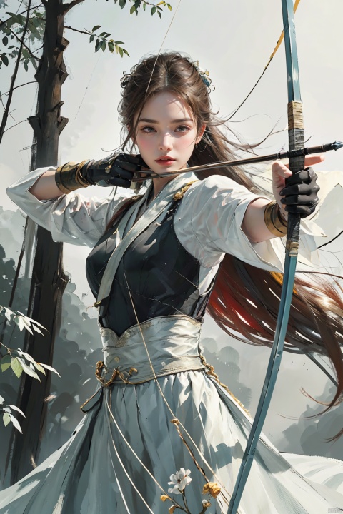 1girl,big breasts,1girl, solo, gloves, dress, long hair, focusing intensely, with a firm grip on the bow, eyes squinting in concentration, dressed in intricate silk garments, adorned with embroidered flowers and flowing sleeves, standing in a bamboo forest, dappled sunlight filtering through the leaves, a light mist veiling the scene, illustrating the archer’s elegance and precision, painted in a traditional ink wash style, capturing the essence of ancient grace and skill,