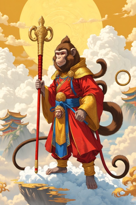 Solo, Monkey, Monkey King, head with a gold hoop, ((monkey head with two long feathers)), ((The Golden Cudgel),Ruyi golden cudgel in the middle of the red two golden yellow, both shapes are the same),(( standing on the cloud)), weapons, hood, cloak, armor, light, hand guard, cloak, blue sky, cloud, other, hood,In the background of an immortal mountain , one knee, full armor, gender ambiguity