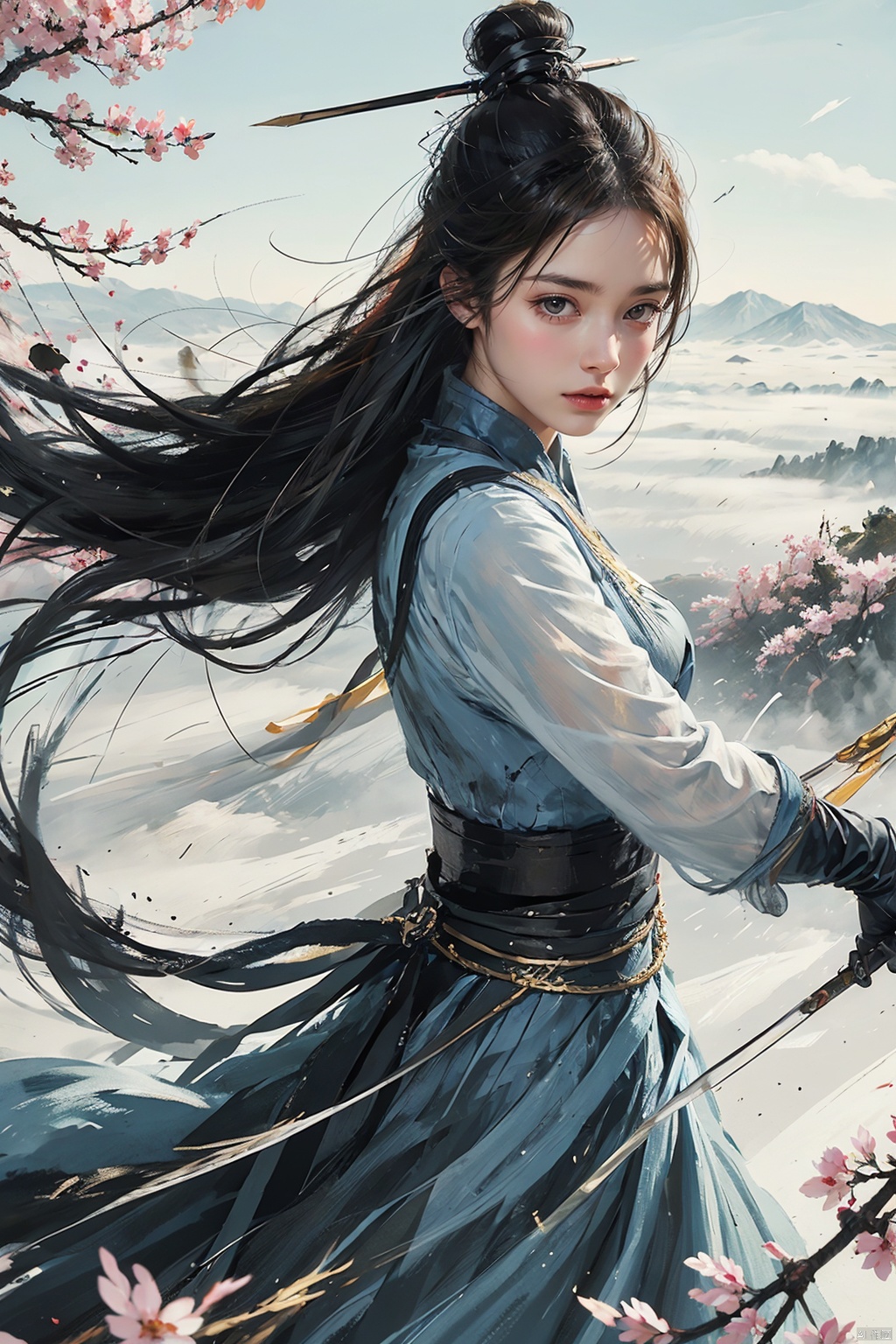  1girl,big breasts,1girl, solo, gloves, dress, long hair, elbow gloves, blue dress, looking at viewer,  poised with a golden bow, arrows fletched with phoenix feathers, fierce determination etched on her face, standing at the edge of a cliff overlooking a vast valley, a distant mountain range shrouded in mist, a solitary cherry blossom tree in bloom beside her, symbolizing beauty amidst chaos, inspired by Ming dynasty paintings with soft brush strokes and vibrant colors, evoking a sense of mythical heroism and strength,