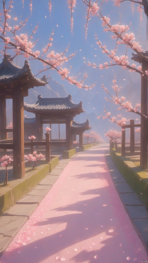 A deserted path, with a plethora of blooming peach blossoms and there are pink petals on the ground