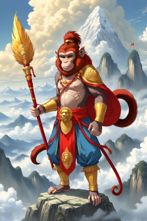 Solo, Monkey, Monkey King, head with a gold hoop, There is a red hairball on the head, and two long golden feathers are inserted on the hairball,((monkey head with two long feathers)), ((The Golden Cudgel),Ruyi golden cudgel in the middle of the red two golden yellow, both shapes are the same),(( standing on the cloud)), weapons, hood, cloak, armor, light, hand guard, cloak, blue sky, cloud, other, hood,In the background of an immortal mountain , one knee, full armor, gender ambiguity