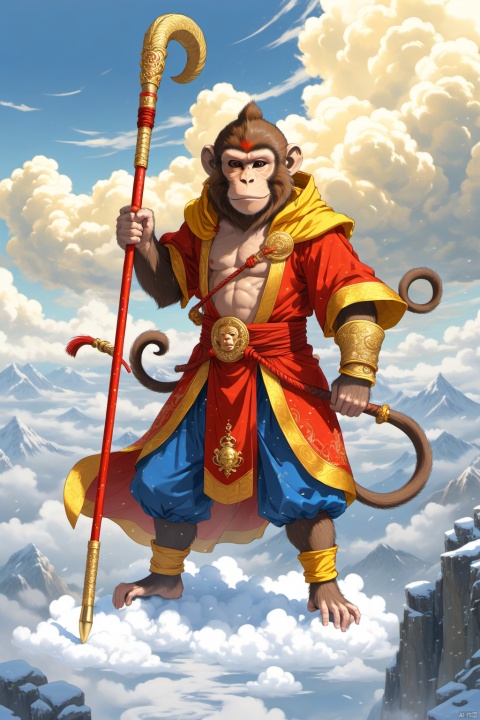 Solo, Monkey, Monkey King, head with a gold hoop, ((monkey head with two long feathers)), ((The Golden Cudgel)),Ruyi golden cudgel in the middle red two golden yellow,(( standing on the cloud)), weapons, hood, cloak, armor, light, hand guard, cloak, blue sky, cloud, other, hood, snow, one knee, full armor, gender ambiguity
