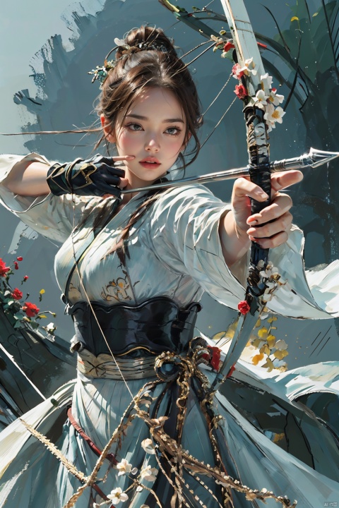 1girl,big breasts,1girl, solo, gloves, dress, long hair, focusing intensely, with a firm grip on the bow, eyes squinting in concentration, dressed in intricate silk garments, adorned with embroidered flowers and flowing sleeves,complete bowstring,