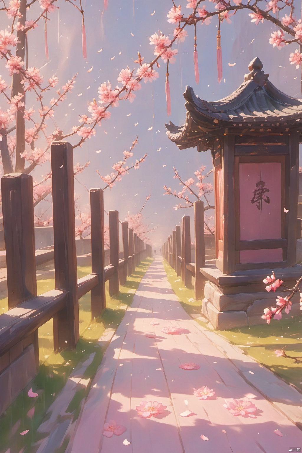 A deserted path, with a plethora of blooming peach blossoms and pink petals falling