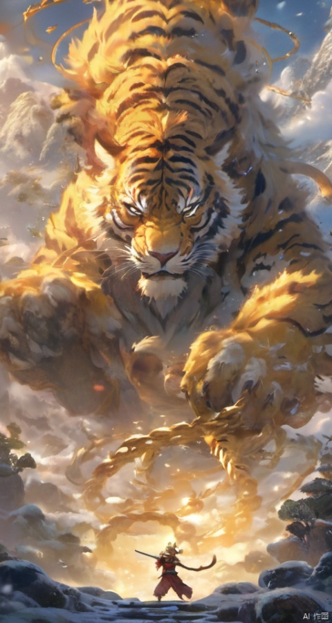  Sun Wukong is dressed in a tiger skin skirt,wearing a tight hoop spell that shines with golden light on his head. He tightly holds the golden hoop stick in his hand and floats freely in the air. Behind him is a fairyland of Flower and Fruit Mountain, shrouded in a sea of clouds.