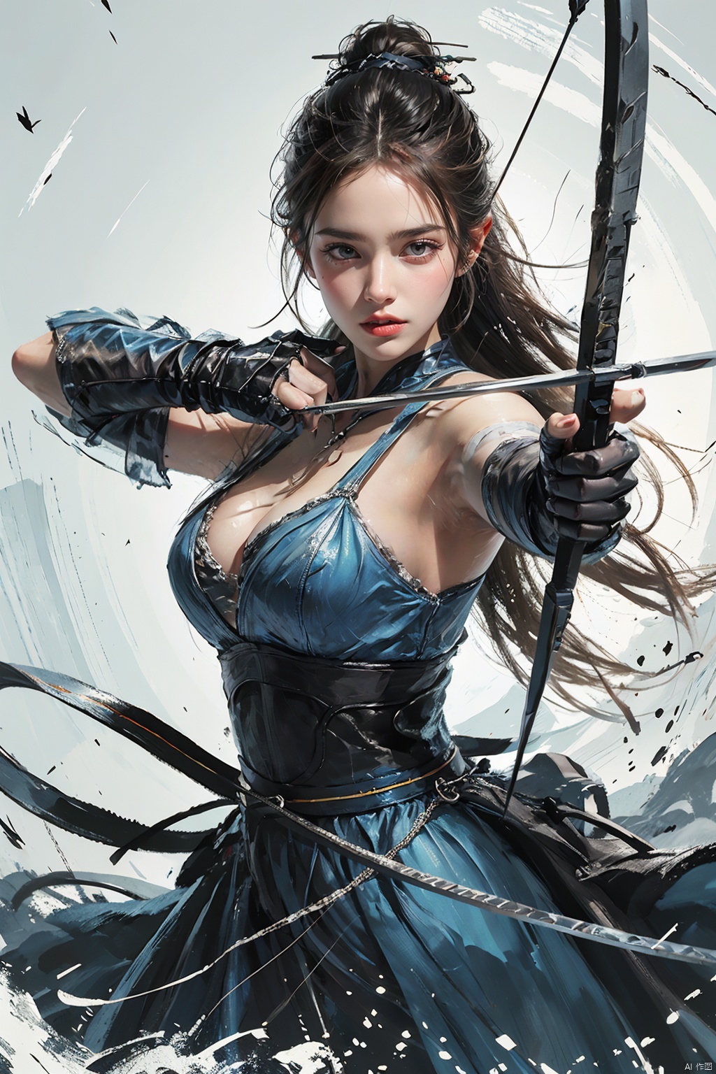  1girl,big breasts,1girl, solo, gloves, dress, long hair, elbow gloves, blue dress, looking at viewer,  on the shoulder of the elven huntress is a magnificent falcon, she wields a finely crafted longbow, its string taut with a creak, arrows poised silently within the quiver, awaiting release, rich colors,Gothic style,movie lighting,God Ray,best quality,Ultra HD,depth of field,bigscenes,