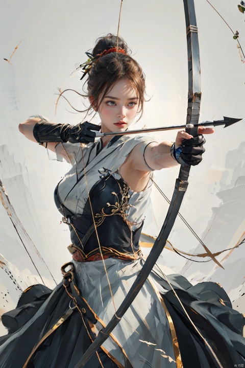 1girl,big breasts,1girl, solo, gloves, dress, long hair, focusing intensely, with a firm grip on the bow, eyes squinting in concentration, dressed in intricate silk garments, ,complete bowstring,clean background,