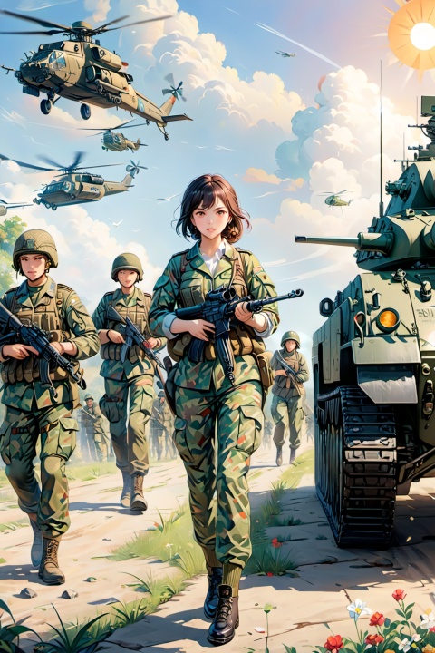 masterpiece, best quality, best quality,official art,extremely detailed CG unity 8k wallpaper,sun day,full body,tank,Armed helicopter
,female soldiers,delicate skin,
Military temperament, wearing camouflage uniforms, holding firearms, 
