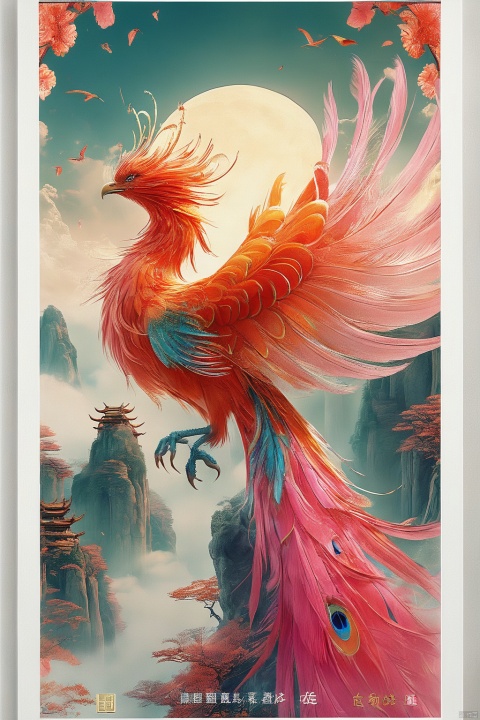 Mythical beast phoenix, ((open wings, ))colorful feathers, standing on the plane tree, realistic, exquisite eyes, ((positive view)),(( facing the audience)), there are mountains in the distance Qiongge, background Dingdaer light, There are pink petals falling down,movie special effects light