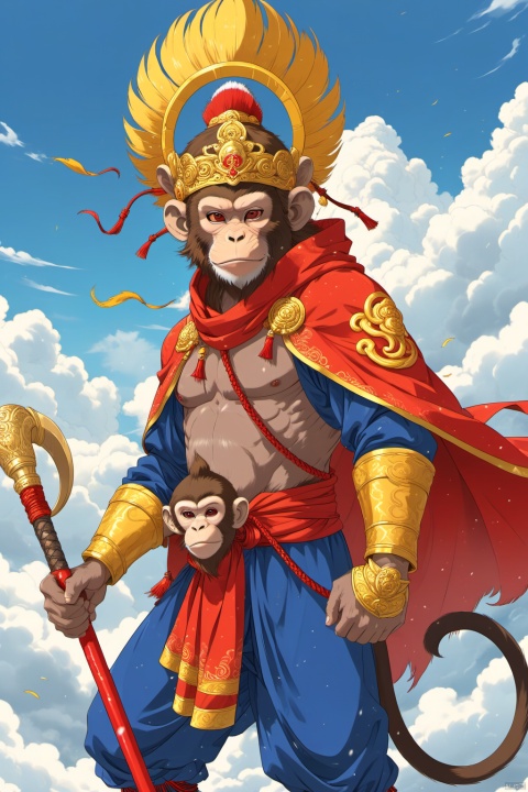 Solo, Monkey, Monkey King, head with a gold hoop, ((monkey head with two long feathers)), ((The Golden Cudgel),Ruyi golden cudgel in the middle of the red two golden yellow, both shapes are the same),(( standing on the cloud)), weapons, hood, cloak, armor, light, hand guard, cloak, blue sky, cloud, other, hood, snow, one knee, full armor, gender ambiguity