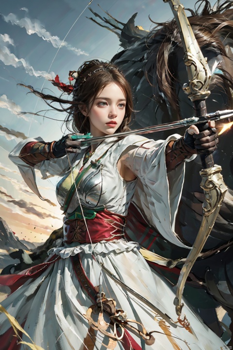  1girl,big breasts, solo, gloves,long hair, focusing intensely,jumping,Hold the iron tire bow with the left hand and draw a bow and shoot arrows, Wearing a jade crown, shining silver armor, and wearing a lion headband. Treading towards the sky with cow tendon boots; Wearing a crimson cloak on her shoulders, carrying a three foot green blade on her waist,  coupled with her tall figure and resolute expression