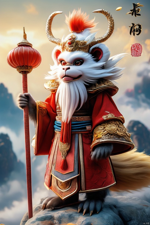 The Monkey King wears a golden hoop on his head, two feathers on a red ball of hair on his head, golden eyes, a long golden stick in his hand, colorful clouds at his feet, golden armor and a long red cloak on his shoulders