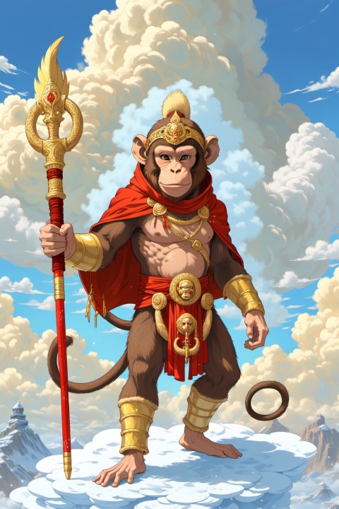 Solo, Monkey, Monkey King, head with a gold hoop, ((monkey head with two long feathers)), ((The Golden Cudgel)),(( standing on the cloud)), weapons, hood, cloak, armor, light, hand guard, cloak, blue sky, cloud, other, hood, snow, one knee, full armor, gender ambiguity