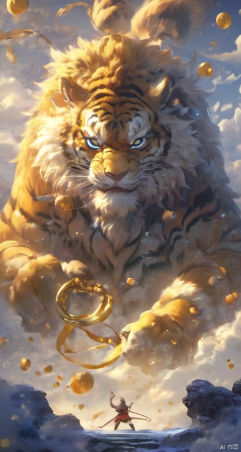  Sun Wukong is dressed in a tiger skin skirt,wearing a tight hoop spell that shines with golden light on his head. He tightly holds the golden hoop stick in his hand and floats freely in the air. Behind him is a fairyland of Flower and Fruit Mountain, shrouded in a sea of clouds.