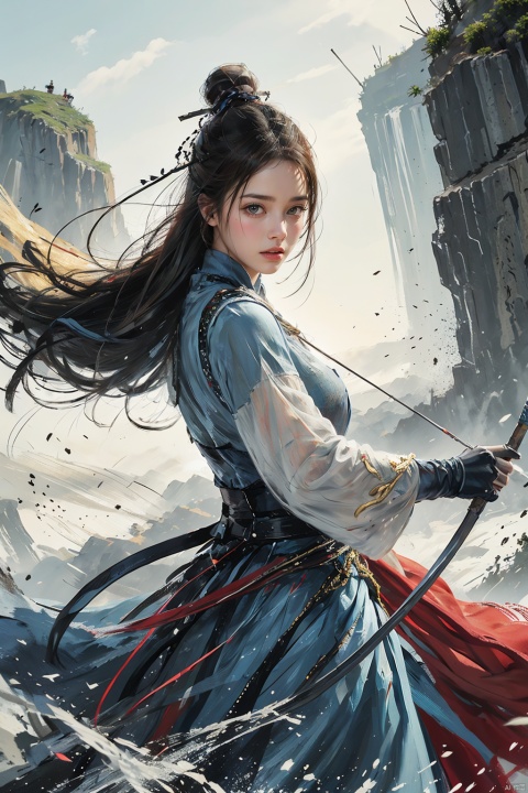  1girl,big breasts,1girl, solo, gloves, dress, long hair, elbow gloves, blue dress, looking at viewer,  poised with a golden bow, arrows fletched with phoenix feathers, fierce determination etched on her face, standing at the edge of a cliff overlooking a vast valley, a distant mountain range shrouded in mist, a solitary cherry blossom tree in bloom beside her, symbolizing beauty amidst chaos, inspired by Ming dynasty paintings with soft brush strokes and vibrant colors, evoking a sense of mythical heroism and strength,寮�