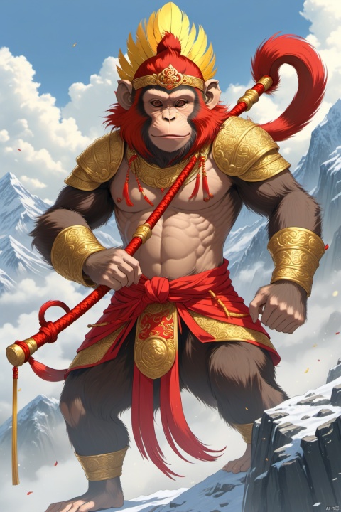 Solo, the Monkey King, head with a gold hoop, There is a red hairball on the monkey's head, and two long golden feathers are inserted on the hairball,((monkey head with two long feathers)), ((The Golden Cudgel),Ruyi golden cudgel in the middle of the red two golden yellow, both shapes are the same),(( standing on the cloud)), weapons, hood, cloak, armor, light, hand guard, cloak, blue sky, cloud, other, hood,In the background of an immortal mountain , one knee, full armor, gender ambiguity