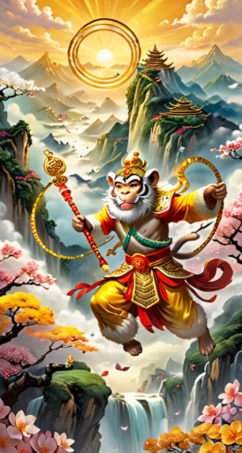  The Monkey King is dressed in a tiger skin skirt,wearing a tight hoop spell that shines with golden light on his head. He tightly holds the golden hoop stick in his hand and floats freely in the air. Behind him is a fairyland of Flower and Fruit Mountain, shrouded in a sea of clouds.