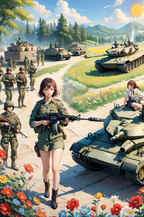 masterpiece, best quality, best quality,official art,extremely detailed CG unity 8k wallpaper,sun day,full body,tank,Armed helicopter
,female soldiers,delicate skin,
Military temperament, wearing camouflage uniforms, holding firearms, 