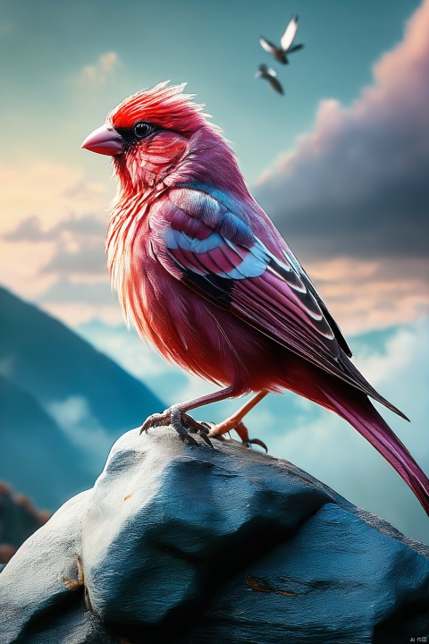 God beast rosefinch, wings, colorful feathers, auspicious clouds, standing on a stone, realistic, exquisite eyes, spread wings, positive view, background Dingdaer light