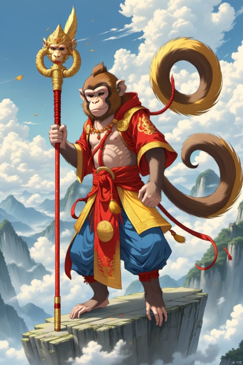 Solo, Monkey King, head with a gold hoop, There is a red hairball on the monkey's head, and two long golden feathers are inserted on the hairball,((monkey head with two long feathers)), ((The Golden Cudgel),Ruyi golden cudgel in the middle of the red two golden yellow, both shapes are the same),(( standing on the cloud)), weapons, hood, cloak, armor, light, hand guard, cloak, blue sky, cloud, other, hood,In the background of an immortal mountain , one knee, full armor, gender ambiguity