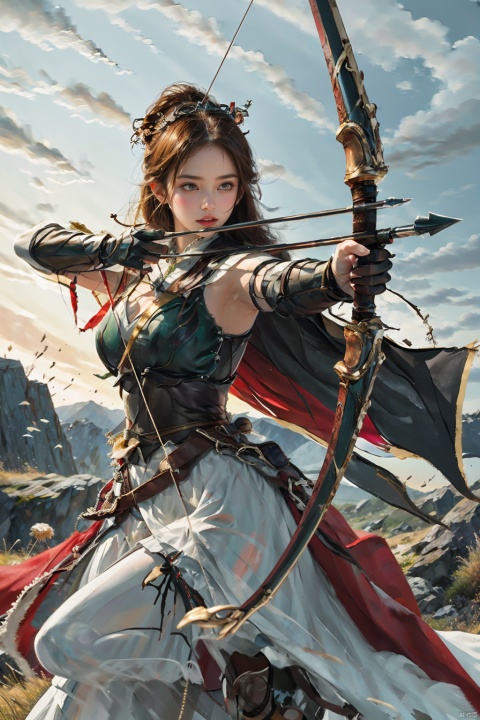  1girl,big breasts, solo, gloves,long hair, focusing intensely,jumping,Hold the iron tire bow with the left hand and draw a bow and shoot arrows, Wearing a jade crown, shining silver armor, and wearing a lion headband. Treading towards the sky with cow tendon boots; Wearing a crimson cloak on her shoulders, carrying a three foot green blade on her waist,  coupled with her tall figure and resolute expression