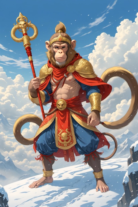 Solo, Monkey, Monkey King, head with a gold hoop, monkey head with two long feathers, carrying a long golden stick with a pattern, standing on the cloud, weapons, hood, cloak, armor, light, hand guard, cloak, blue sky, cloud, other, hood, snow, one knee, full armor, gender ambiguity