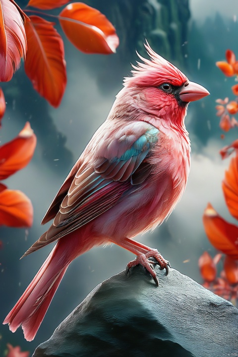  God beast rosefinch, wings, colorful feathers, auspicious clouds, standing on a stone, realistic, exquisite eyes, spread wings, positive view, facing the  viewer,background Dingdaer light