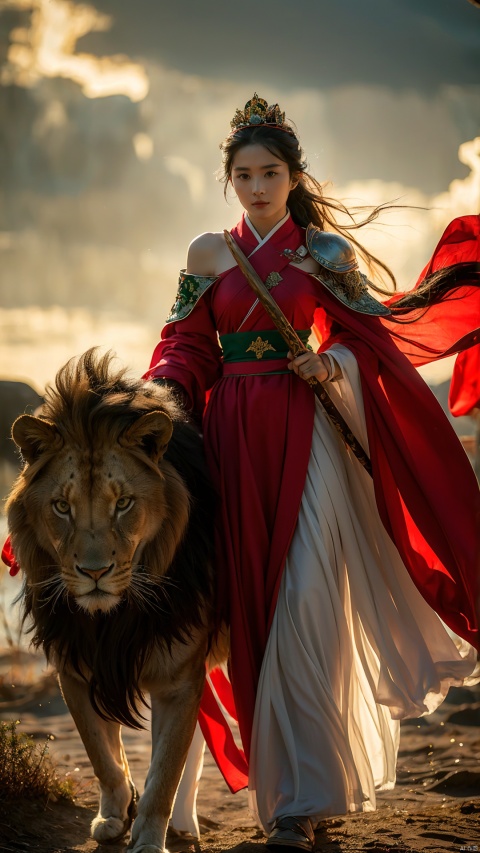 1girl,Wearing a jade crown, shining silver armor, and wearing a lion headband. Treading towards the sky with cow tendon boots; Wearing a crimson cloak on her shoulders, carrying a three foot green blade on her waist, and carrying an iron tire bow on her back, coupled with her tall figure and resolute expression,Facing the camera