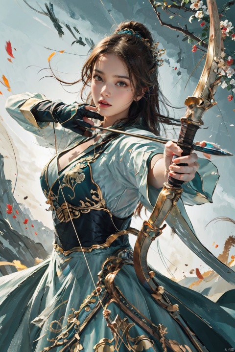 1girl,big breasts,1girl, solo, gloves, dress, long hair, focusing intensely, with a firm grip on the bow, eyes squinting in concentration, dressed in intricate silk garments, adorned with embroidered flowers and flowing sleeves, 