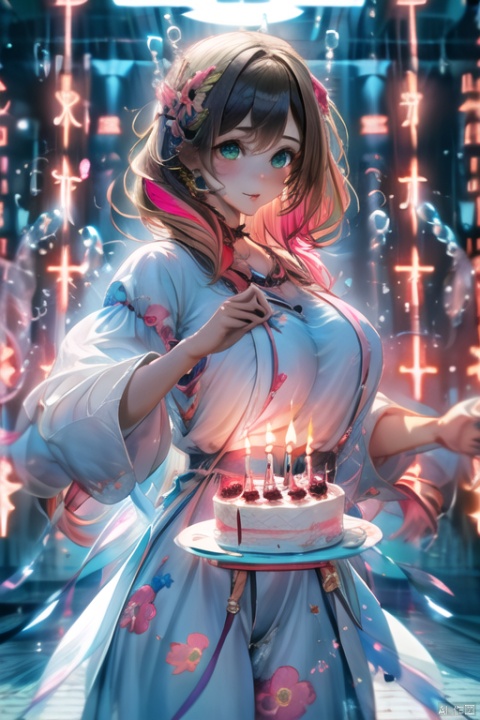 a girl blowing candles,(A large cake:1.2), birthday candles, multiple layers, illustrated style,pink flowers,wings,
(Colorful bubbles float:1.2), ((Dingdall light effect)),