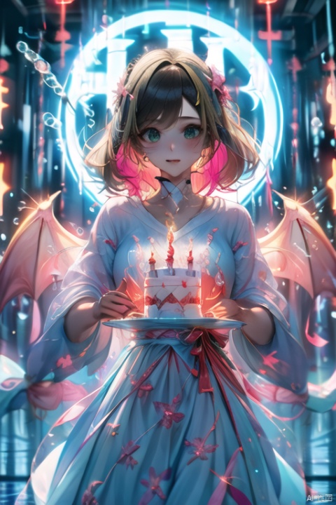 a girl blowing candles,(A large cake:1.1), birthday candles, multiple layers, illustrated style,pink flowers,wings,
(Colorful bubbles float:1.2), ((Dingdall light effect)),