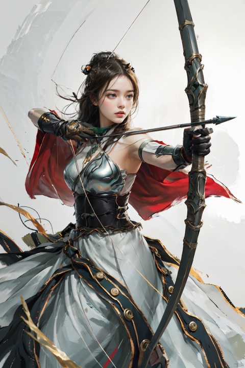  1girl,big breasts, solo, gloves,long hair, focusing intensely,Hold the iron tire bow with the left hand and draw a bow and shoot arrows, Wearing a jade crown, shining silver armor, and wearing a lion headband. Treading towards the sky with cow tendon boots; Wearing a crimson cloak on her shoulders, carrying a three foot green blade on her waist,  coupled with her tall figure and resolute expression,clean white background,