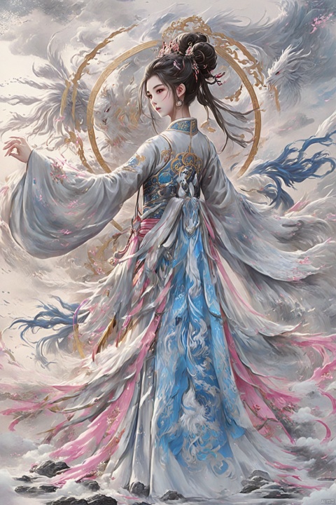  Wings, Kanju hair background, hair background, Qingsha, Gong, Daofa talisman, Dongfang Long, mid-term portrait, Duofa, Ghost, gold magic, colors mainly white, silver, gray, and blue, long, pink Mecha, dofas, Tianxie, Chinese ink painting, 1girl, hanfu